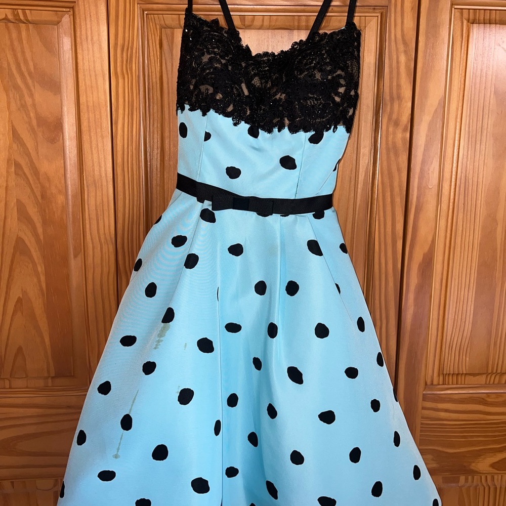 Sherri Hill Blue and Black Embellished Tiered Cocktail Dress